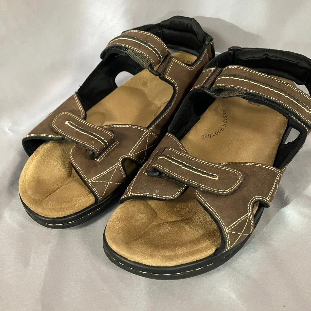 Dockers‎ Mens 13W Brown Leather Fusion Footbed Memory Foam Strap Sandals